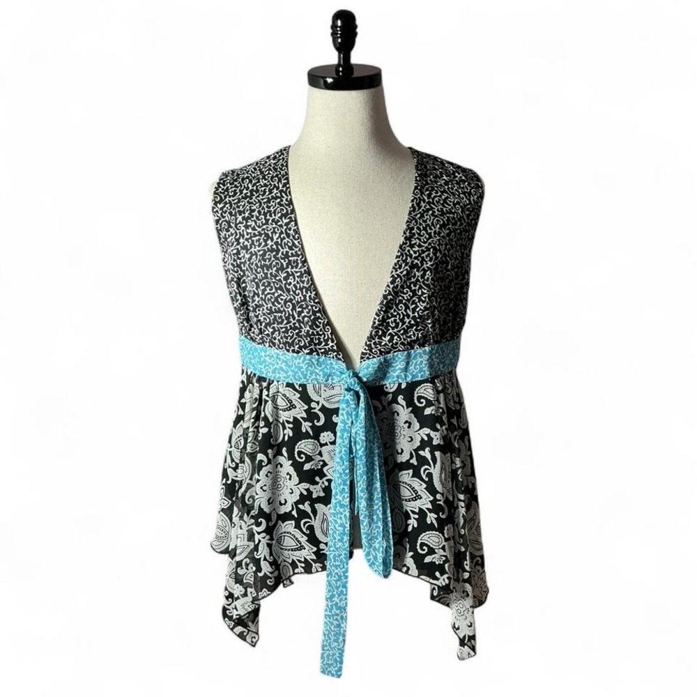 Y2K Jonathan Martin Women's Black White Blue Paisley Tie‎ Waist Vest Blouse